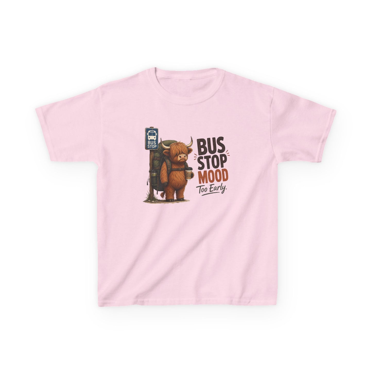 Bus Stop Mood Kids Tee | Grumpy Highland Cow Illustration, Funny Morning Shirt