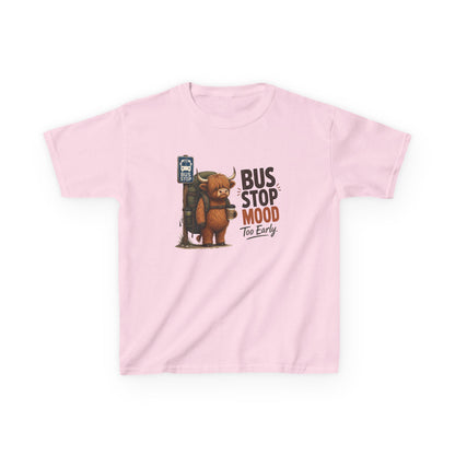 Bus Stop Mood Kids Tee | Grumpy Highland Cow Illustration, Funny Morning Shirt