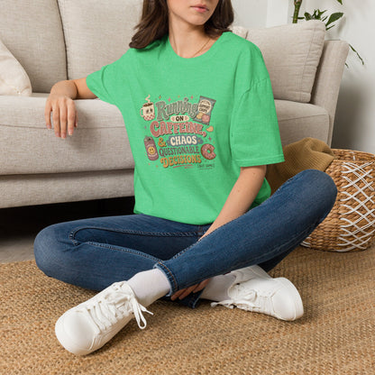 Running on Caffeine & Chaos T-Shirt | Coffee Mug Donut Illustration