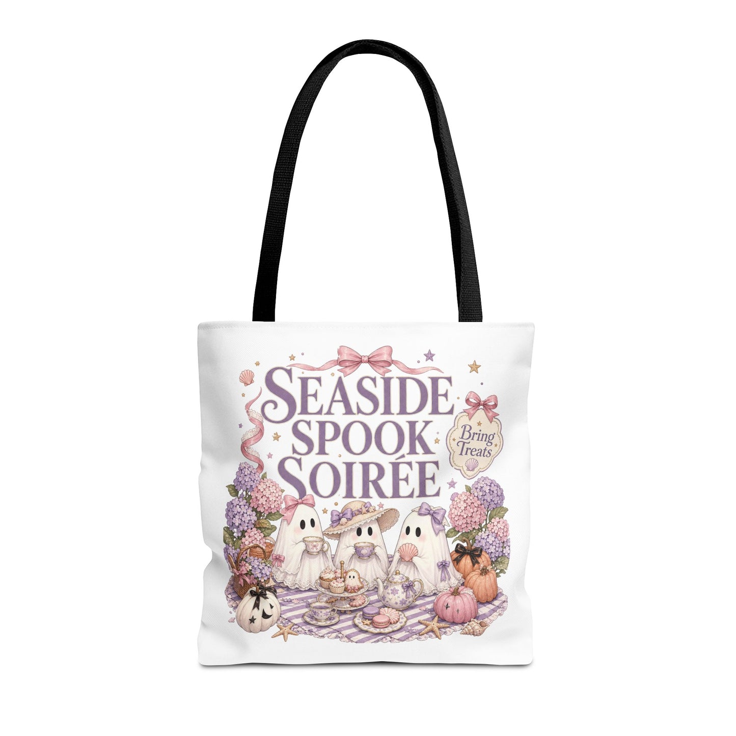 Seaside Spook Soiree Tote Bag | Halloween Ghost Picnic Illustration