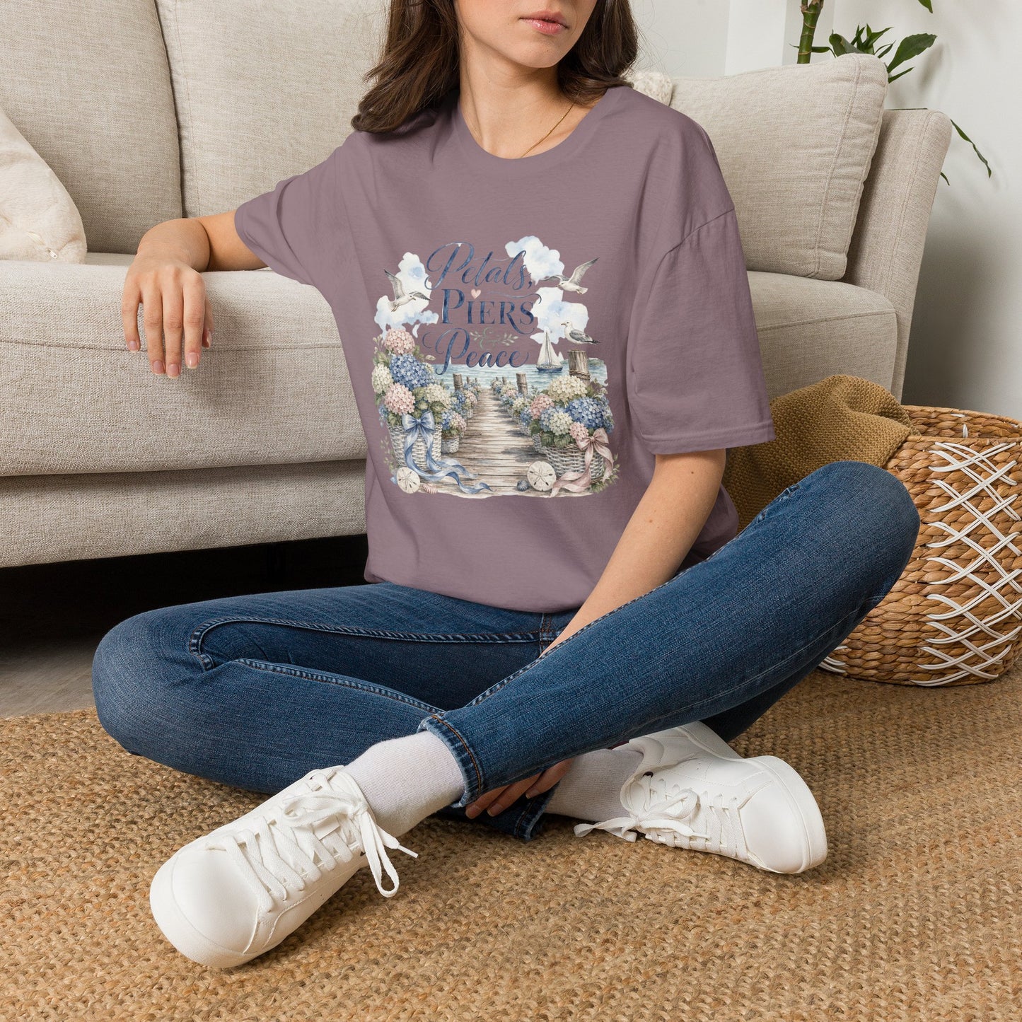 Petals Piers Peace T-Shirt | Coastal Lighthouse Floral Seagulls Design