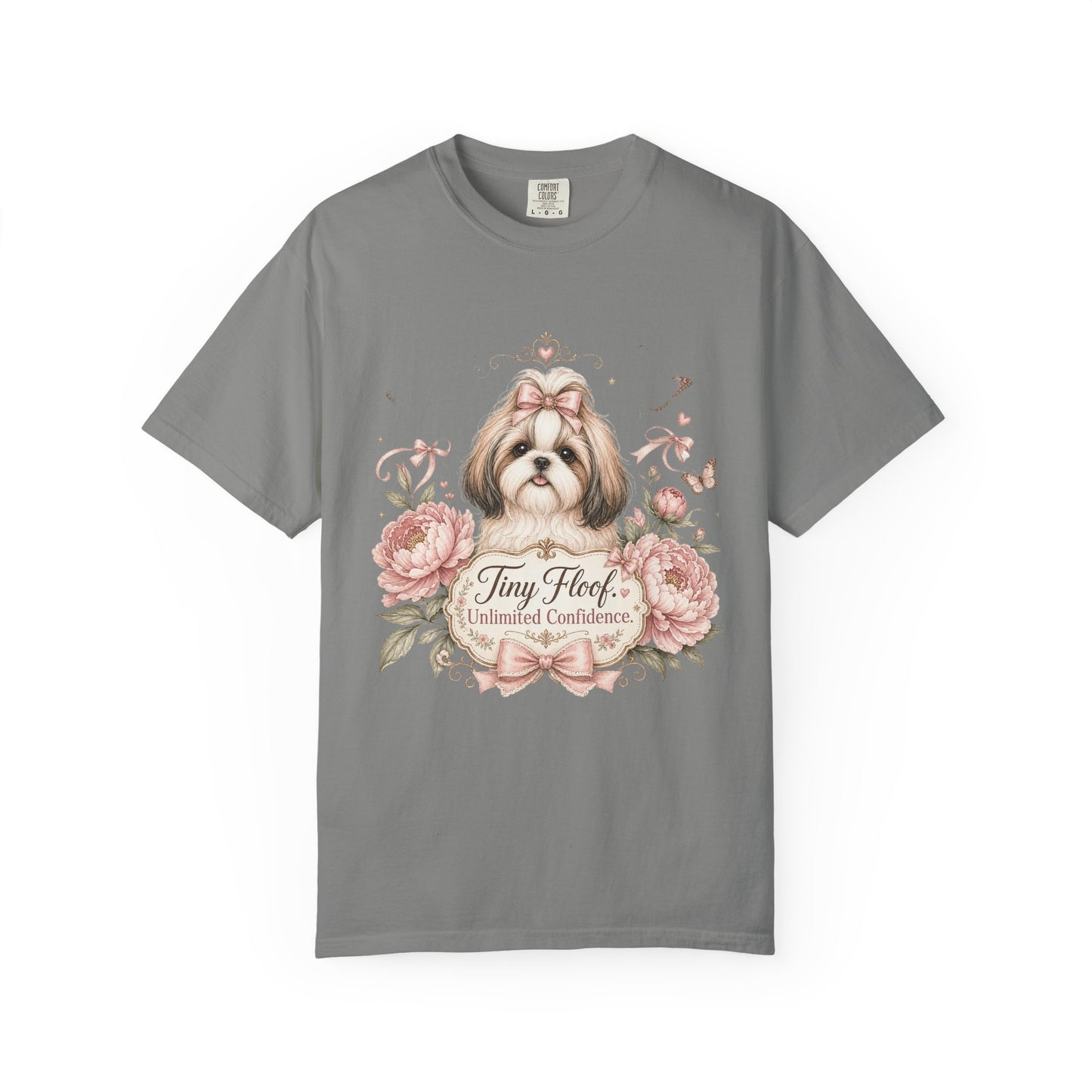 Shih Tzu Floral Portrait T-Shirt | Tiny Floof Illustration, Pink Roses