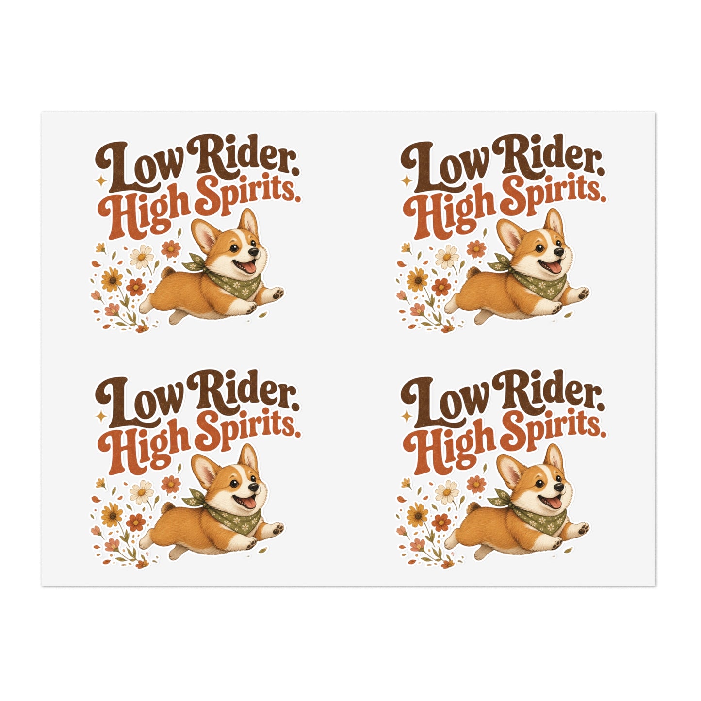 Low Rider High Spirits Corgi Sticker Sheet | Retro Floral Corgi Stickers