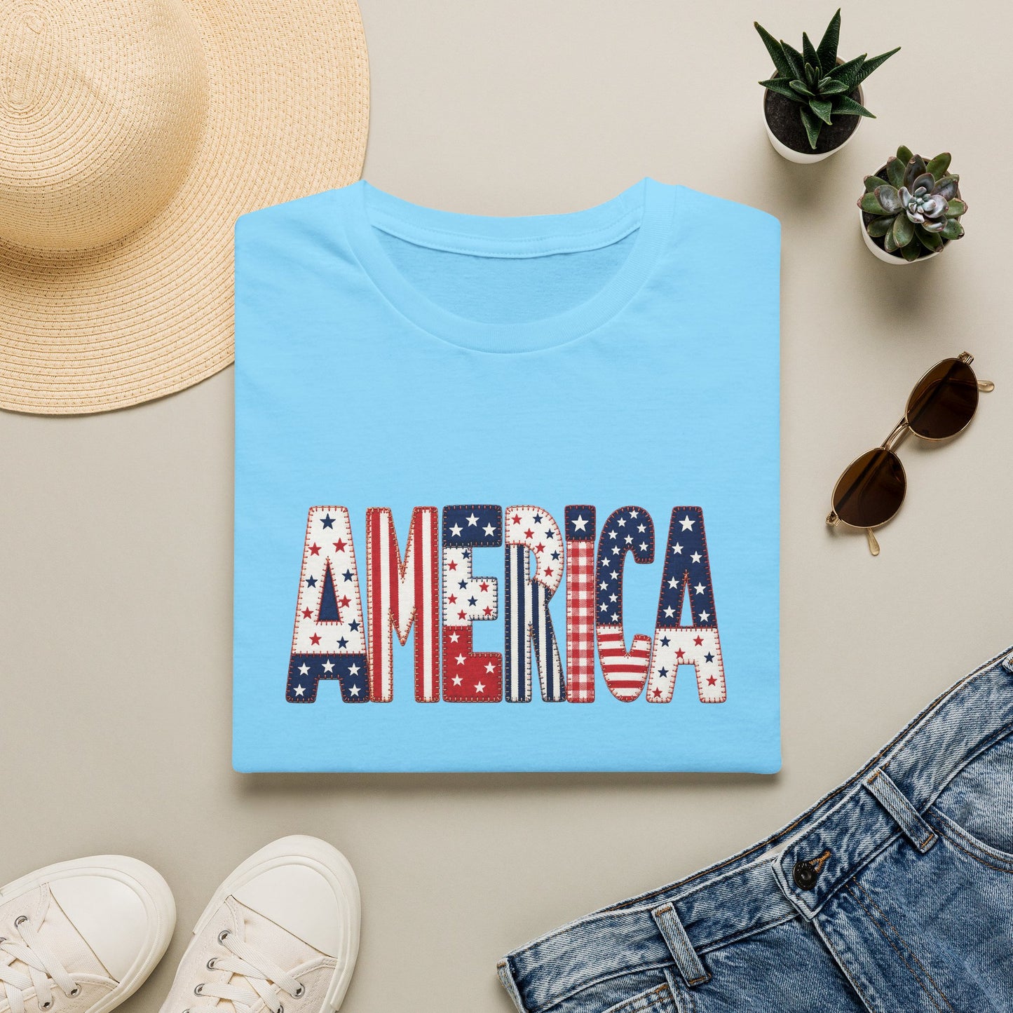 American Flag Patchwork Style Letters T-Shirt | Patriotic Fourth of July Tee