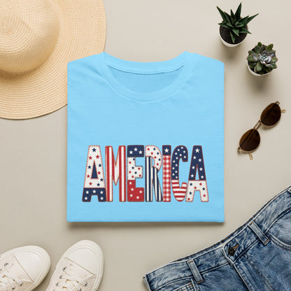 American Flag Patchwork Style Letters T-Shirt | Patriotic Fourth of July Tee