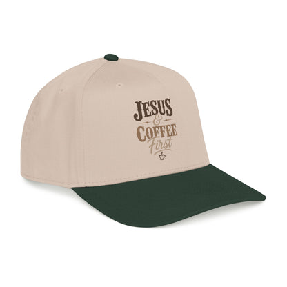 Jesus & Coffee First Mid Profile Baseball Cap | Christian Script Logo