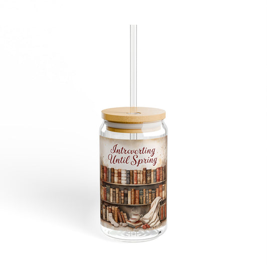 Introverted Sipper Glass, Cozy Reading Glass, 16oz Jar with Straw, Perfect Gift for Book Lovers and Introverts, Ideal for Home Decor