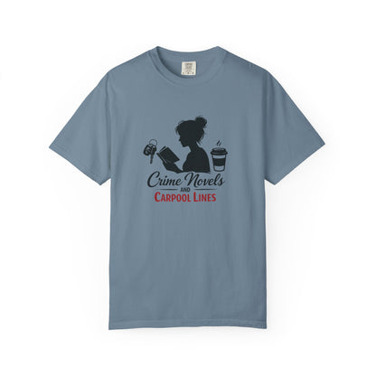 Crime Novels and Carpool Lines T-shirt | Reading Mom Silhouette, Coffee Graphic