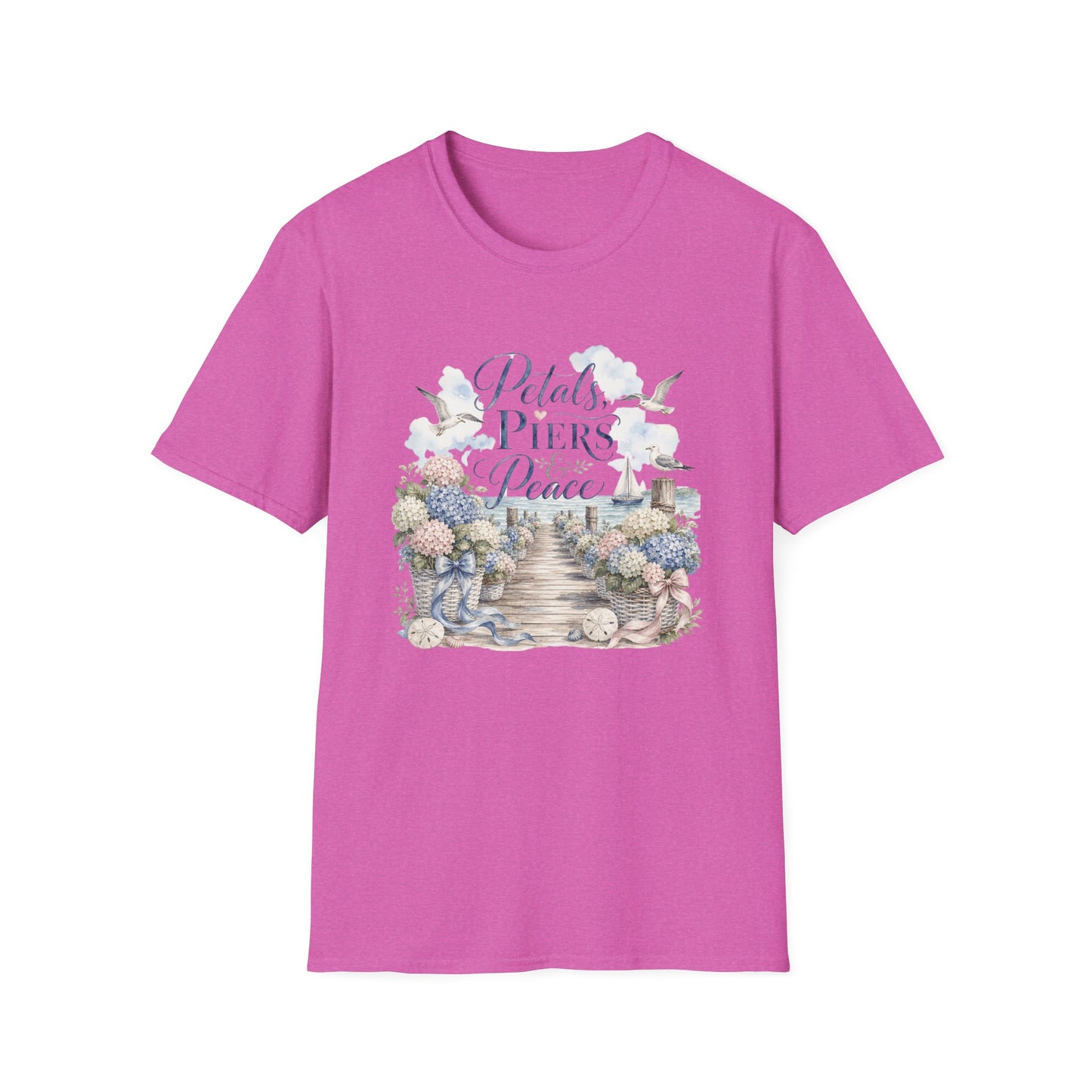 Petals Piers Peace T-Shirt | Coastal Lighthouse Floral Seagulls Design