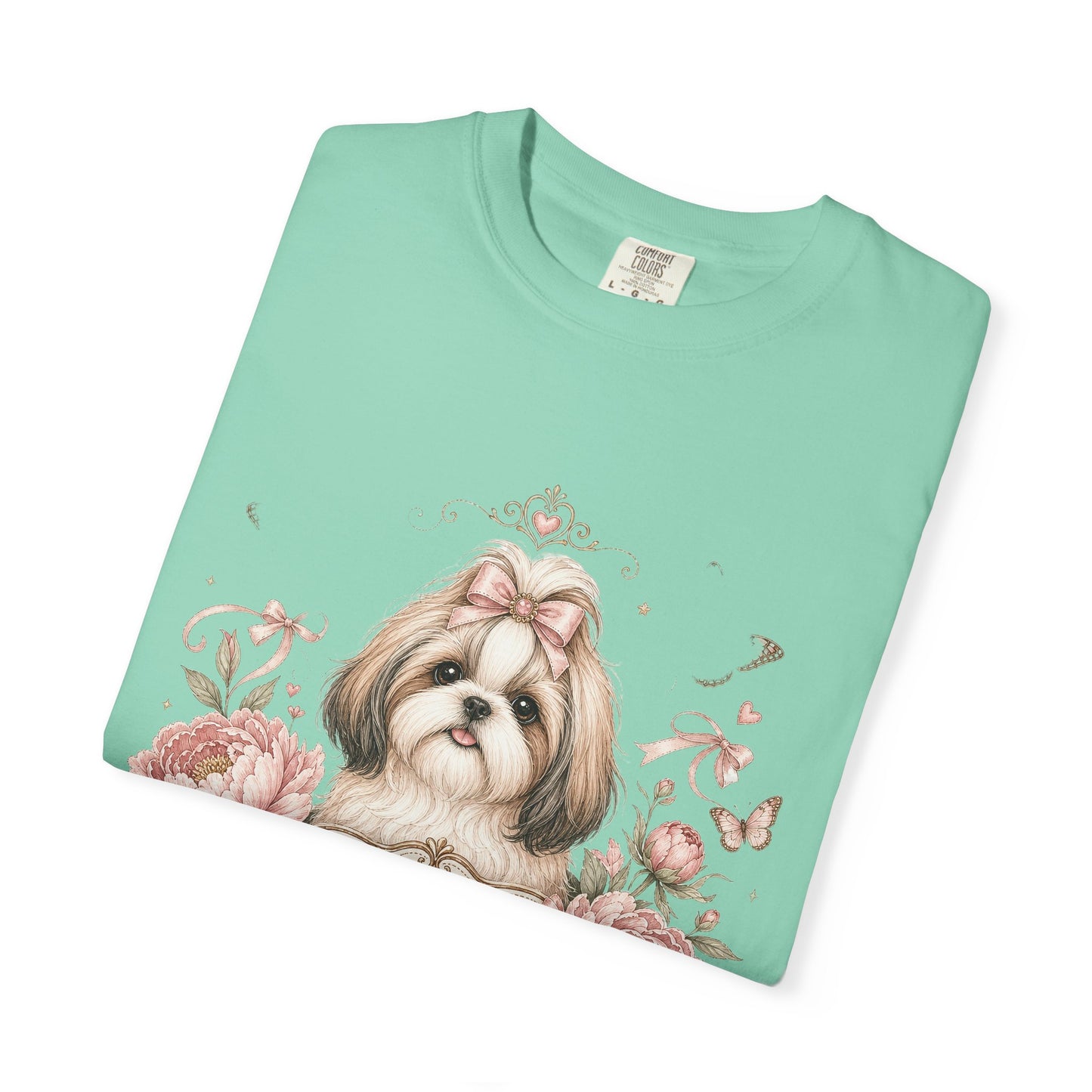 Shih Tzu Floral Portrait T-Shirt | Tiny Floof Illustration, Pink Roses