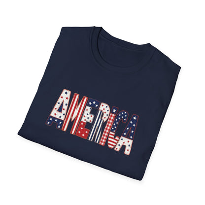 American Flag Patchwork Style Letters T-Shirt | Patriotic Fourth of July Tee