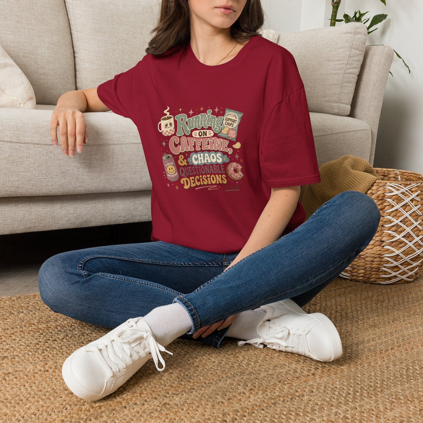 Running on Caffeine & Chaos T-Shirt | Coffee Mug Donut Illustration