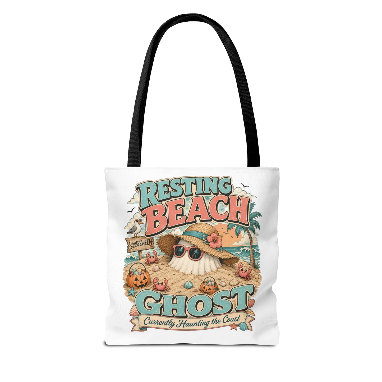 Resting Beach Ghost Tote Bag | Cute Halloween Beach Ghost Illustration