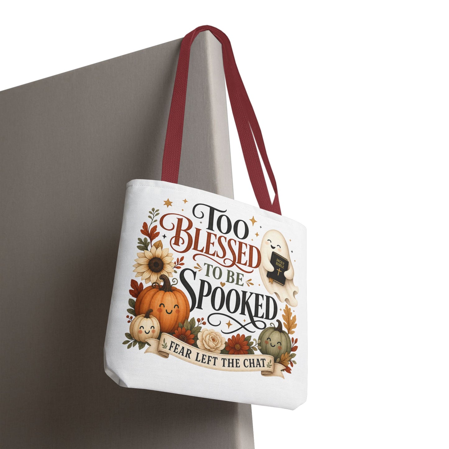 Too Blessed to Be Spooked Tote Bag | Halloween Pumpkin Ghost Fall Leaves