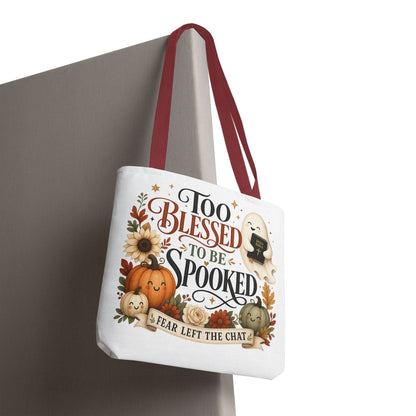 Too Blessed to Be Spooked Tote Bag | Halloween Pumpkin Ghost Fall Leaves