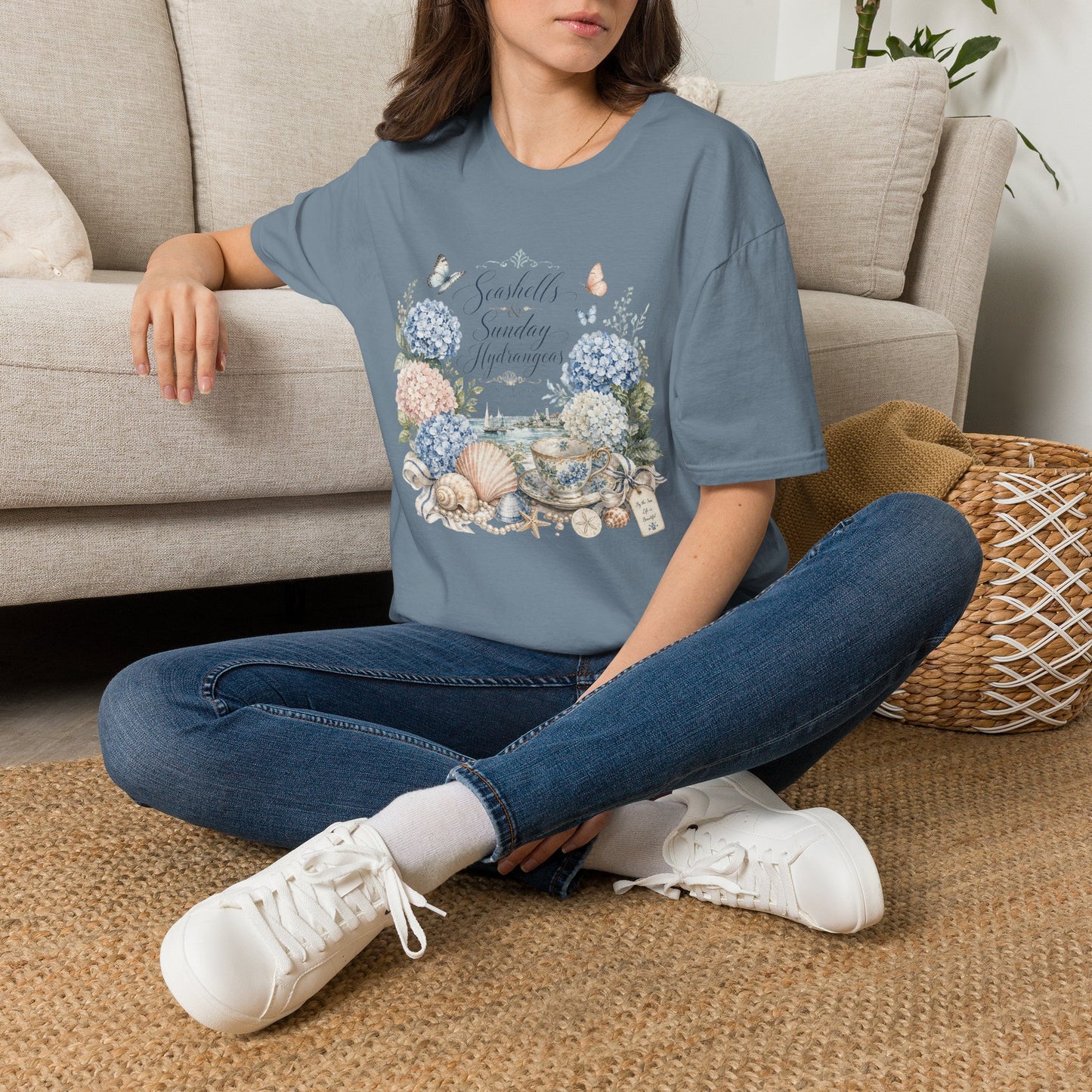 Seashells & Sunday Hydrangeas T-Shirt | Floral Coastal Cottage Shirt