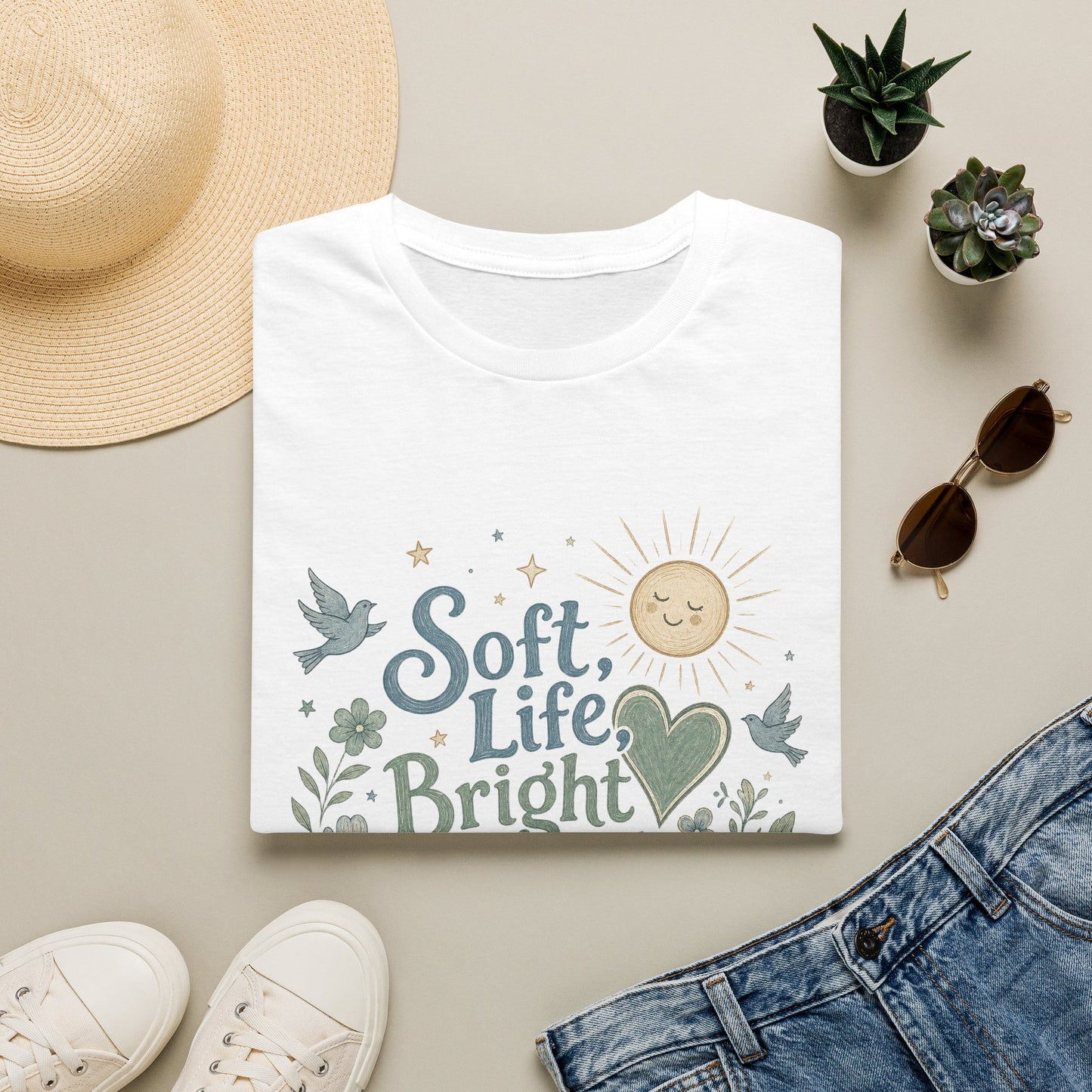 Soft Life Bright Heart T-Shirt | sun, doves, floral graphic