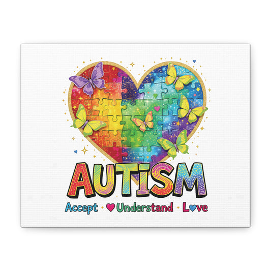 Autism Heart Puzzle Rainbow Butterflies Canvas | Accept Understand Love