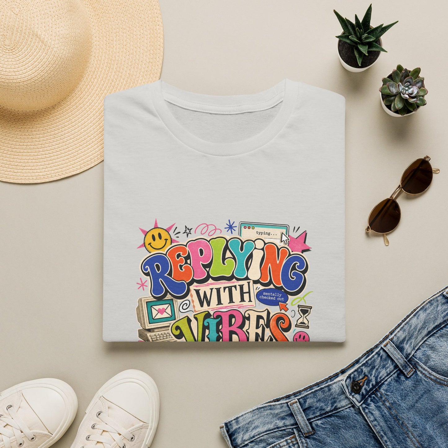 Replying With Vibes T-Shirt | Retro Colorful Typography, 90s Aesthetic