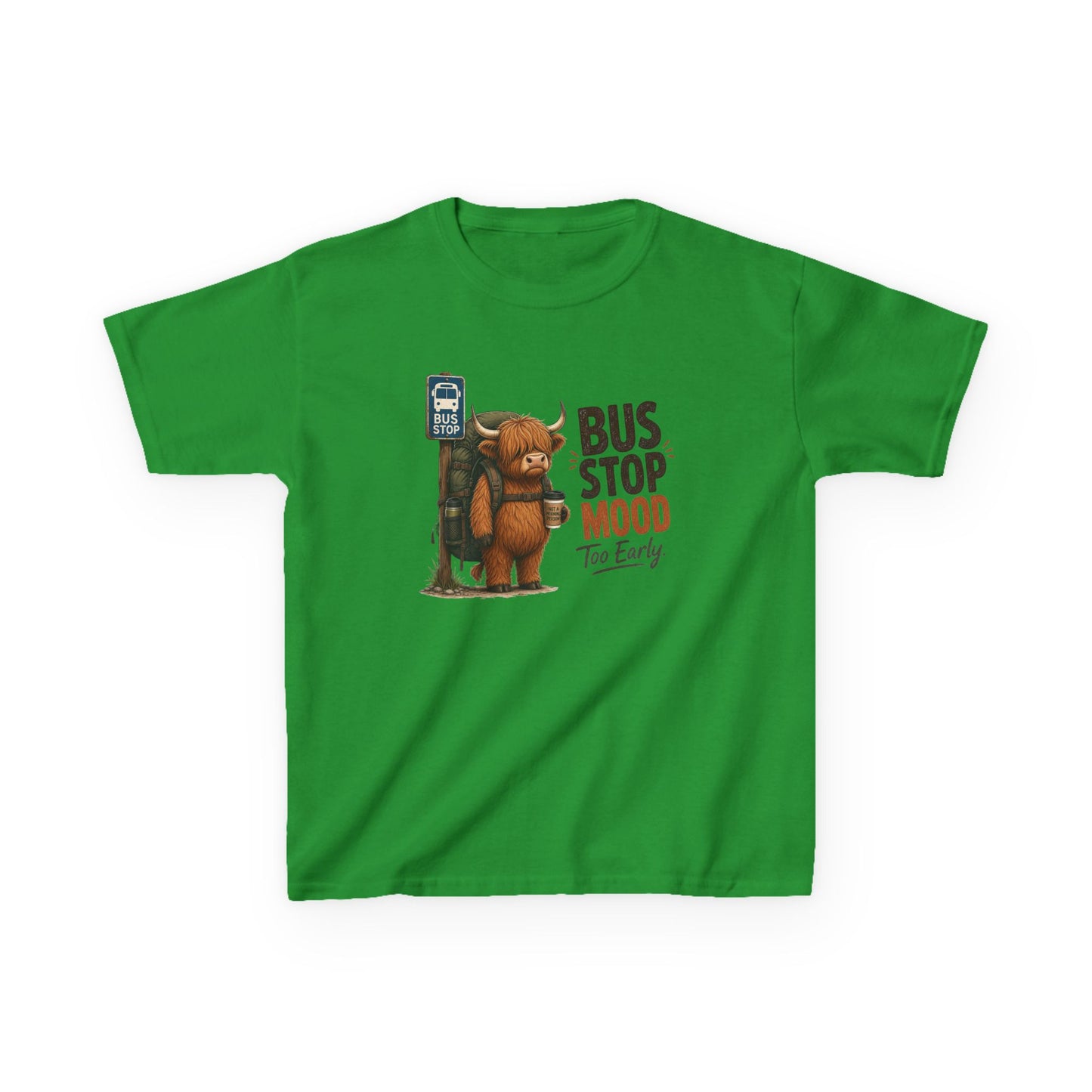 Bus Stop Mood Kids Tee | Grumpy Highland Cow Illustration, Funny Morning Shirt
