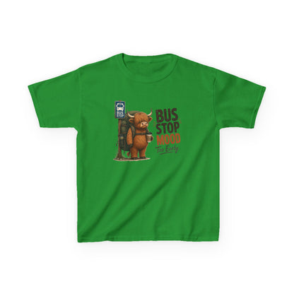 Bus Stop Mood Kids Tee | Grumpy Highland Cow Illustration, Funny Morning Shirt