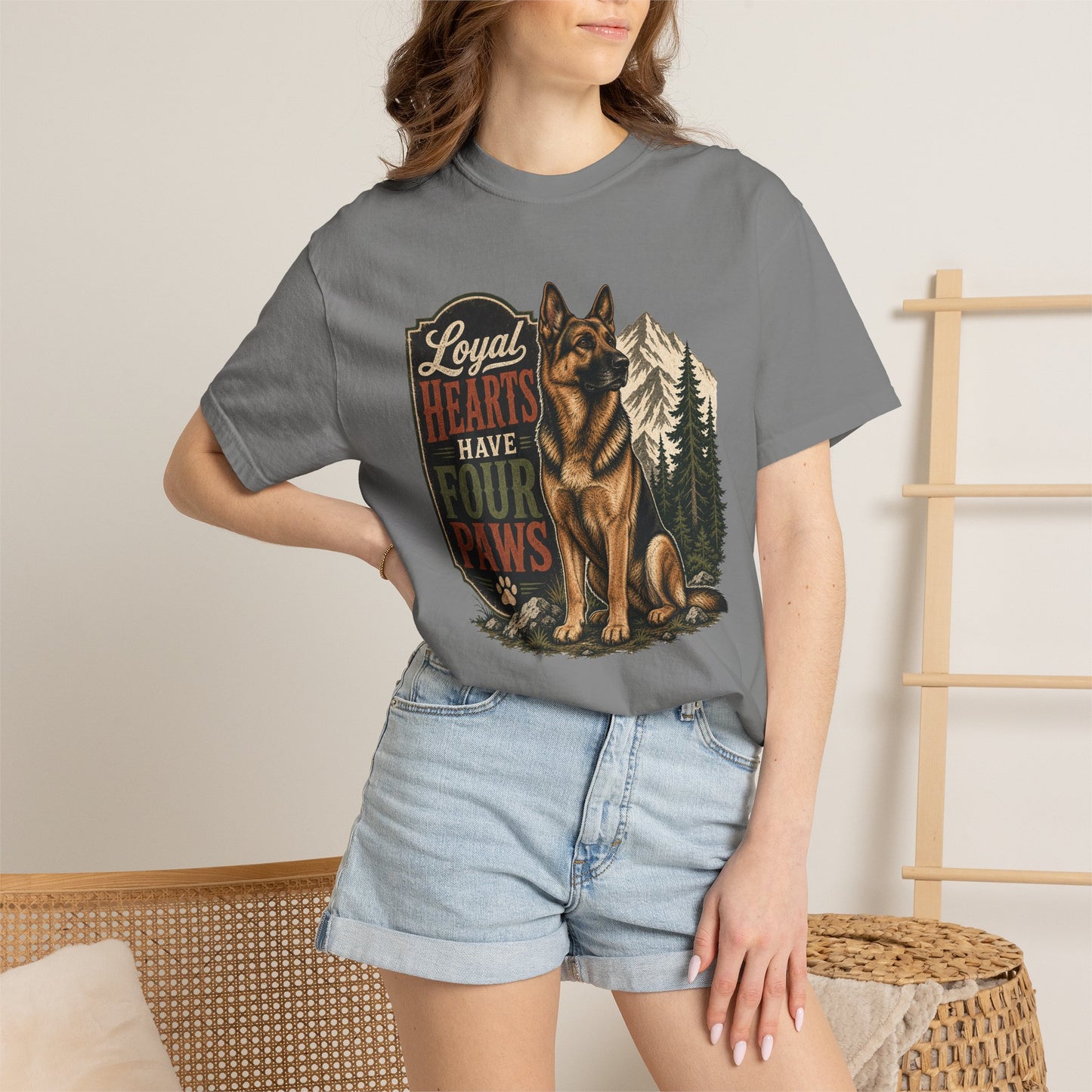 Loyal Hearts Have Four Paws German Shepherd T-shirt | Mountain Forest Dog Design