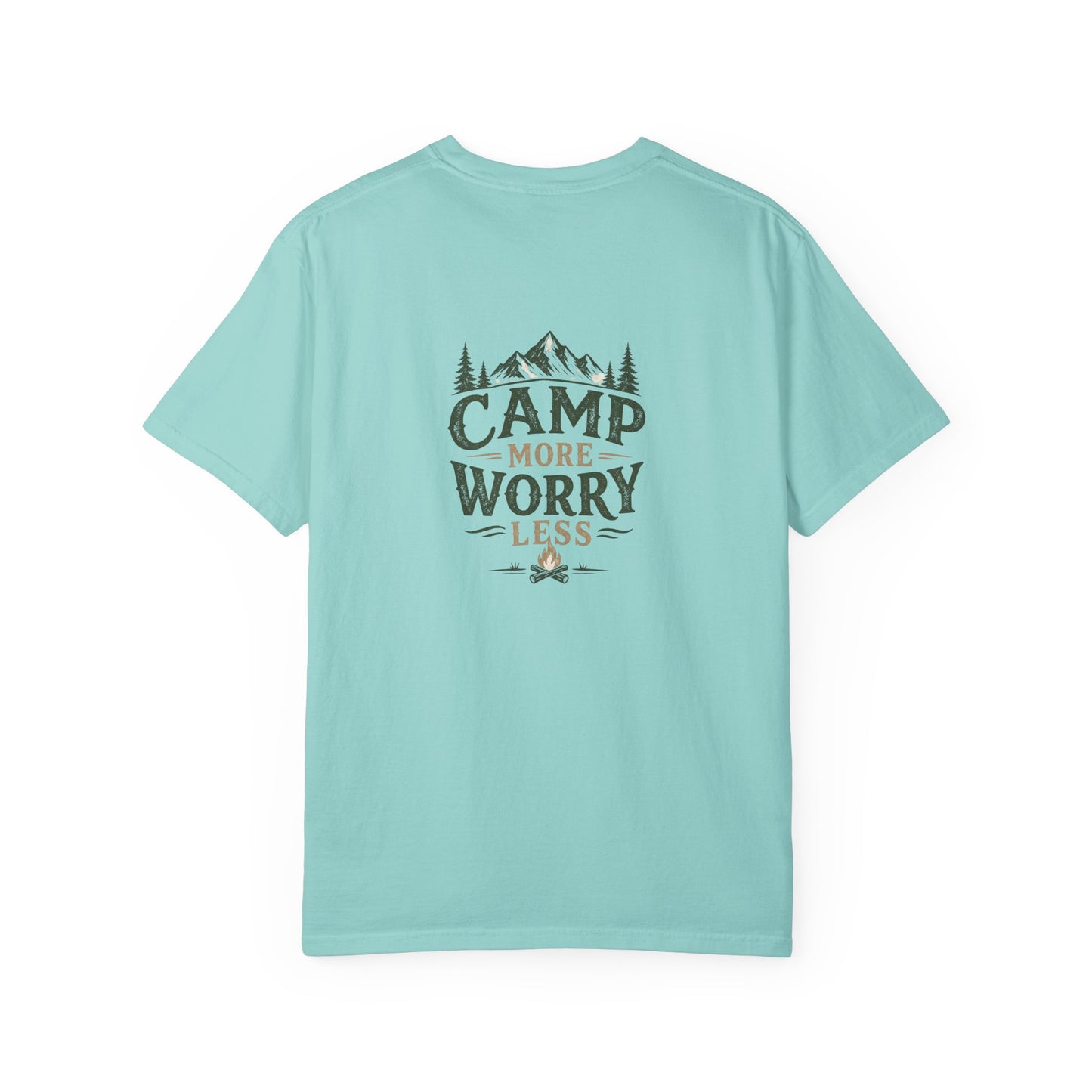 Camp More Worry Less T-shirt | Camping Mountains Pine Trees Design