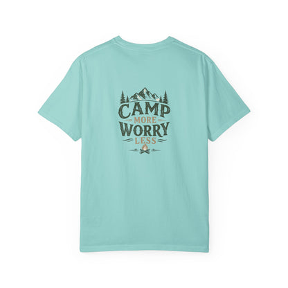 Camp More Worry Less T-shirt | Camping Mountains Pine Trees Design