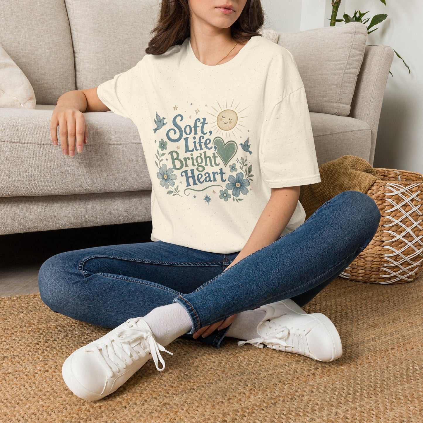 Soft Life Bright Heart T-Shirt | sun, doves, floral graphic