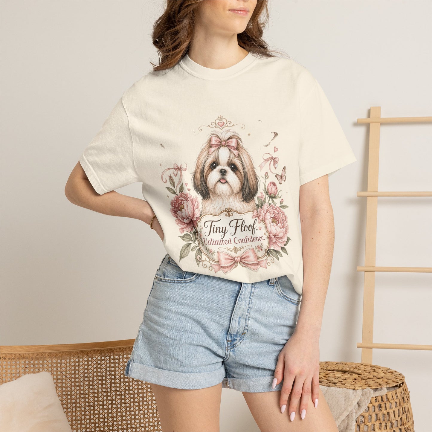 Shih Tzu Floral Portrait T-Shirt | Tiny Floof Illustration, Pink Roses