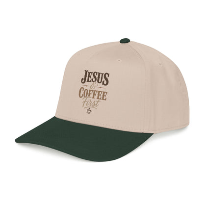 Jesus & Coffee First Mid Profile Baseball Cap | Christian Script Logo