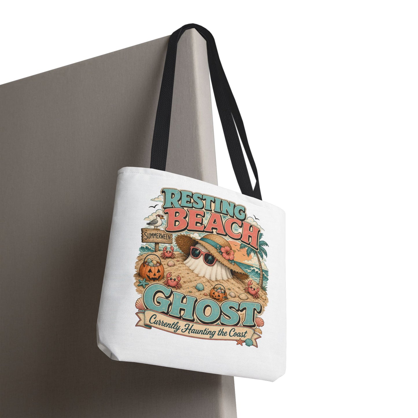 Resting Beach Ghost Tote Bag | Cute Halloween Beach Ghost Illustration