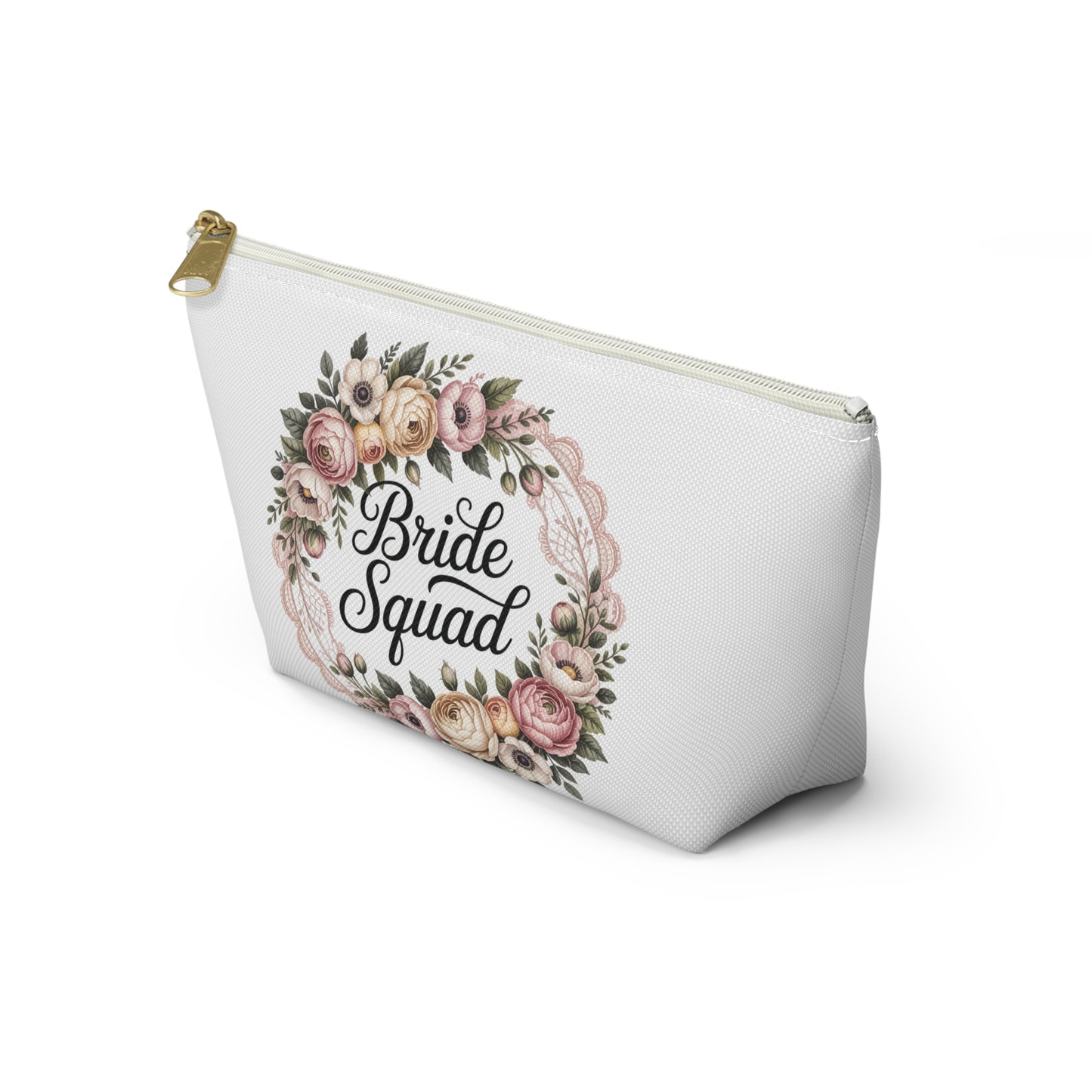 Bride Squad Accessory Pouch, Personalized Bridesmaid Makeup Bag | Floral Wreath Design