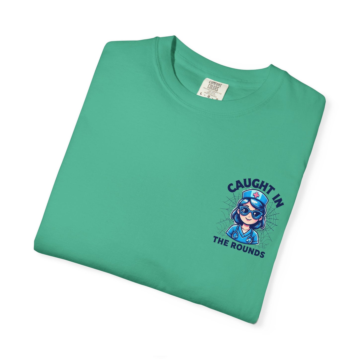 Unisex Graphic Tee - 'Caught in the Rounds', Casual Wear, Gift for Friends, Comfortable Everyday Tee, Fun Summer Shirt, Halloween Nurse