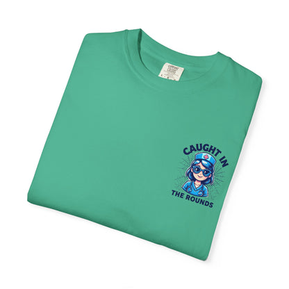 Unisex Graphic Tee - 'Caught in the Rounds', Casual Wear, Gift for Friends, Comfortable Everyday Tee, Fun Summer Shirt, Halloween Nurse