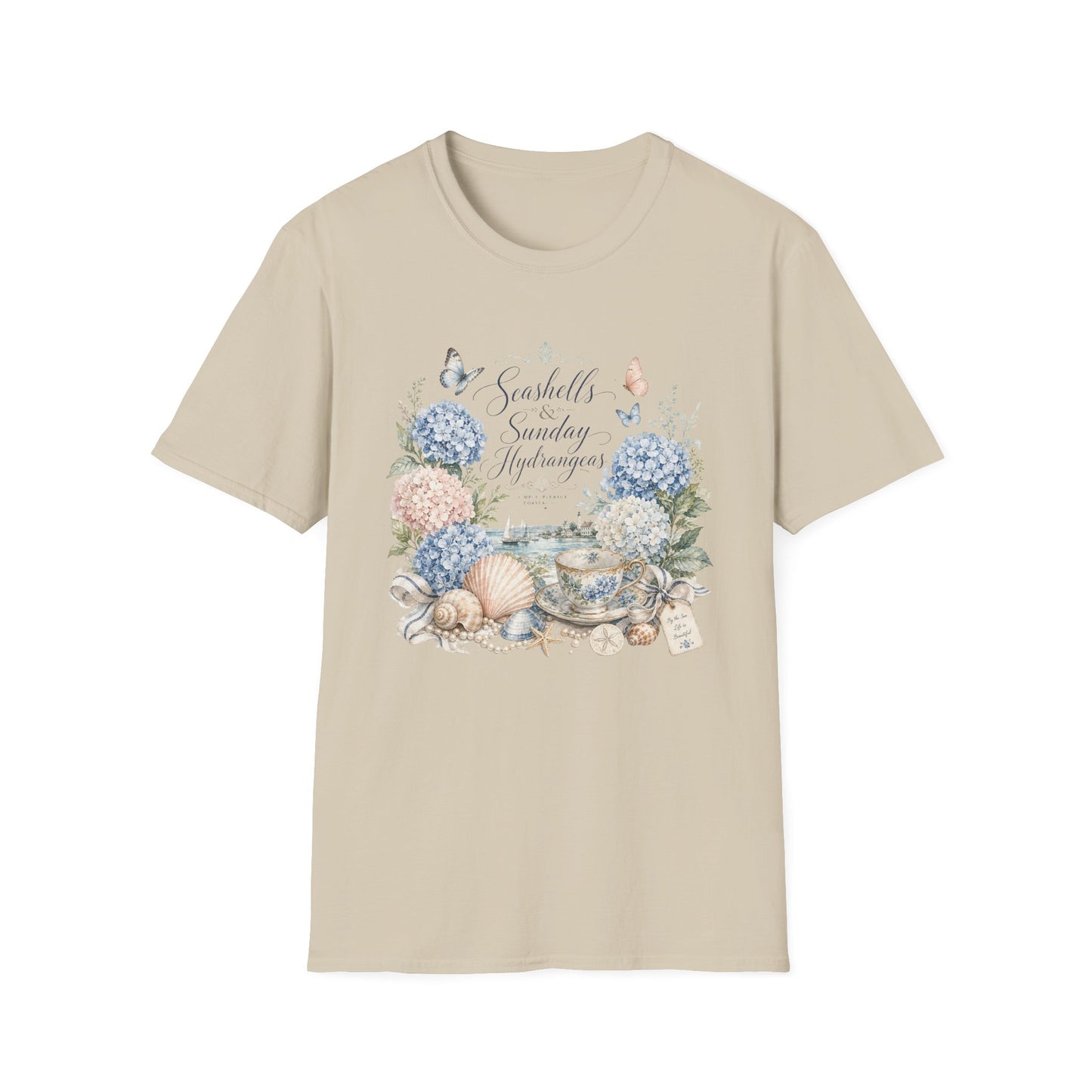 Seashells & Sunday Hydrangeas T-Shirt | Floral Coastal Cottage Shirt