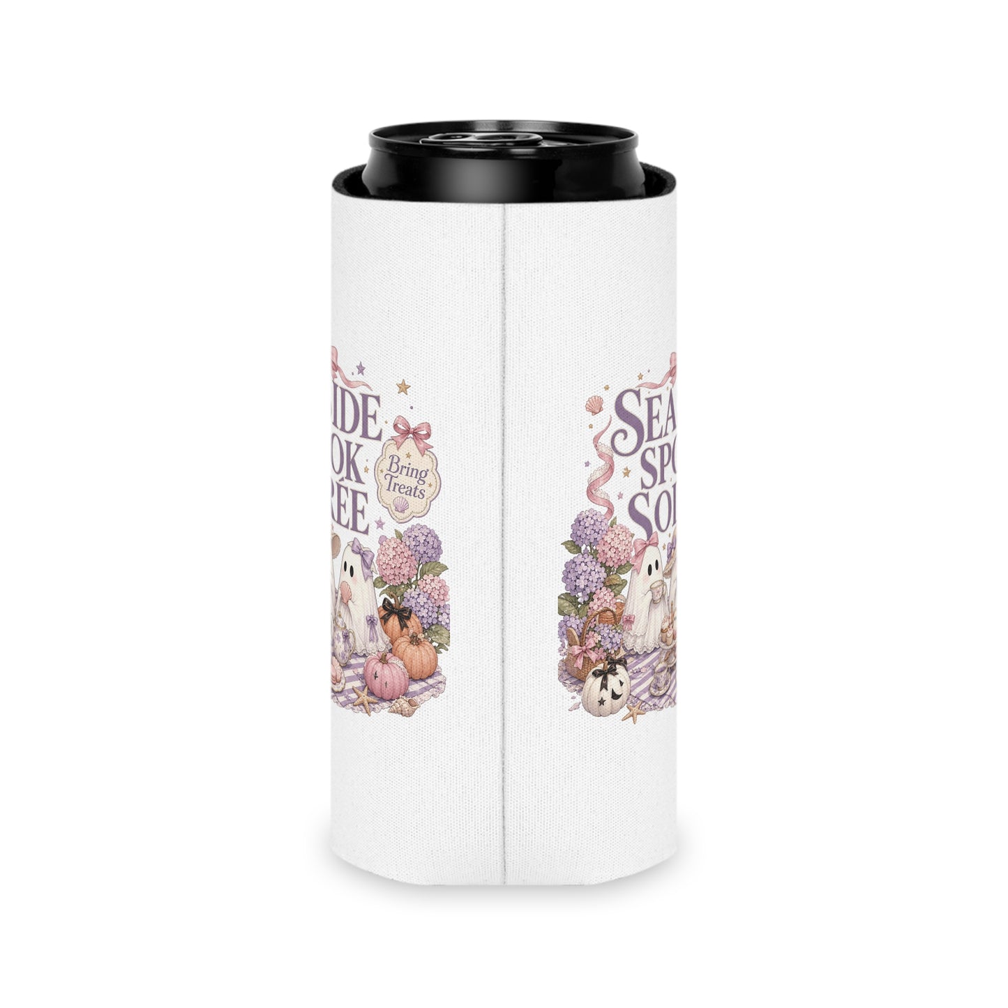 Seaside Spook Soiree Can Cooler | Halloween Ghost Picnic Cooler Sleeve