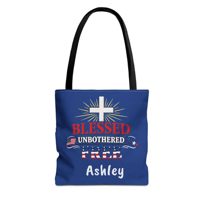 Blessed Unbothered Free Cross tote bag | patriotic faith design