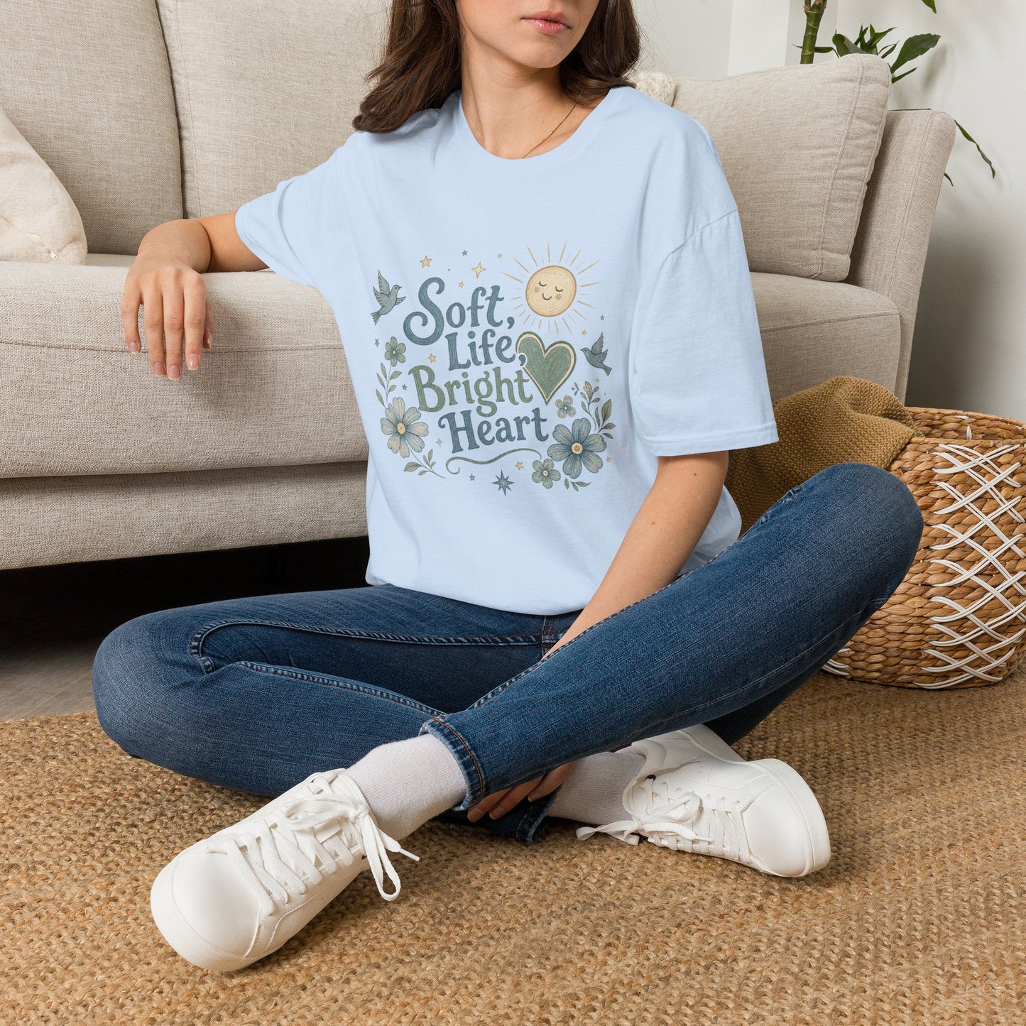 Soft Life Bright Heart T-Shirt | sun, doves, floral graphic
