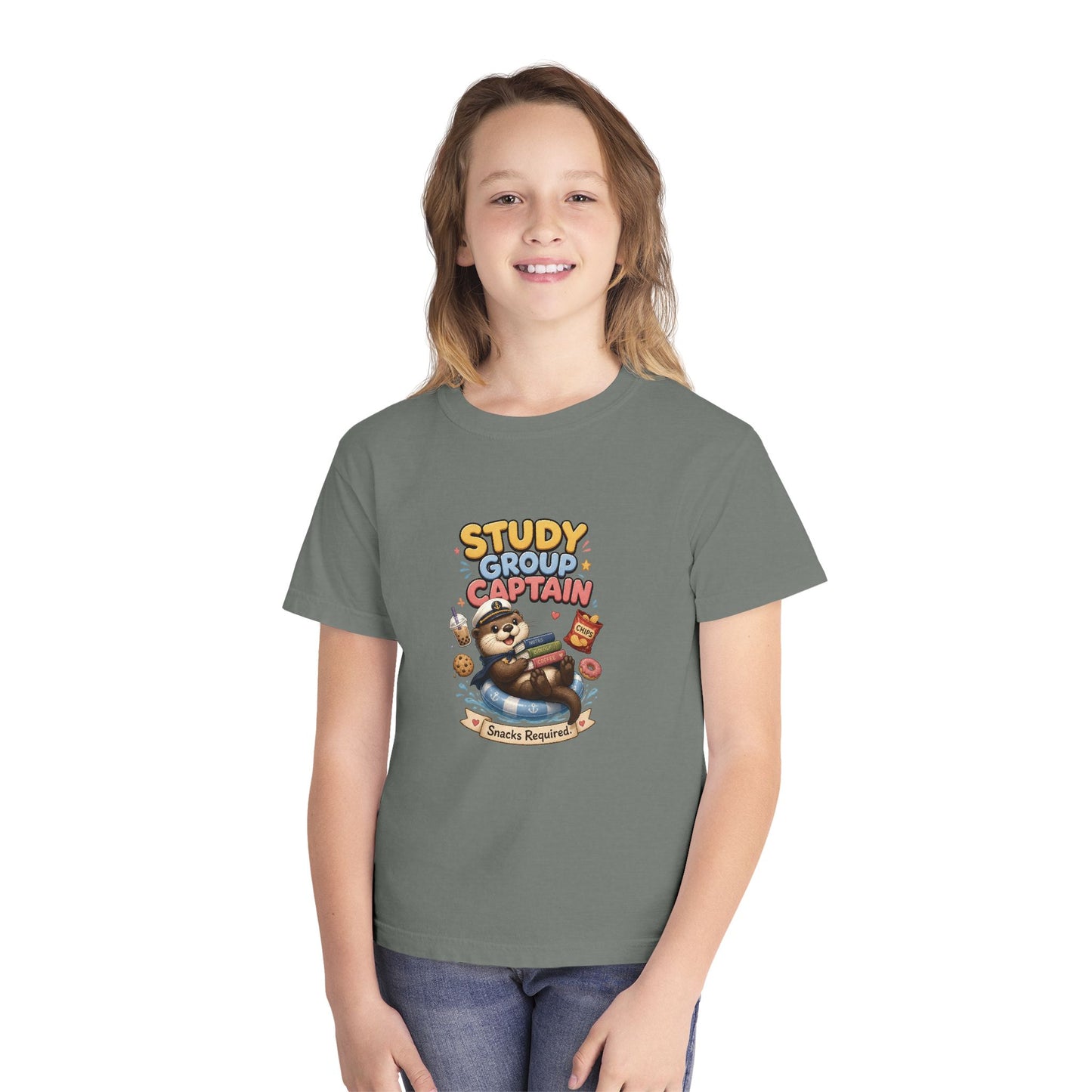 Study Group Captain Youth Tee | Sloth Studying Snacks Graphic