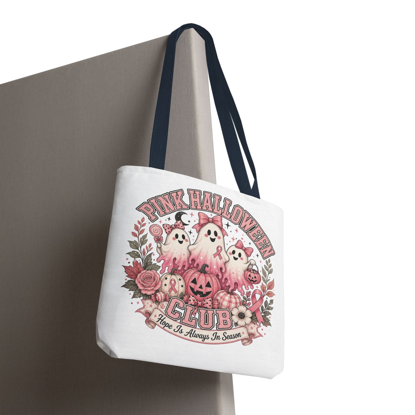 Breast Cancer Awareness Pink Halloween Club ghost trio tote bag | spooky floral pumpkin design