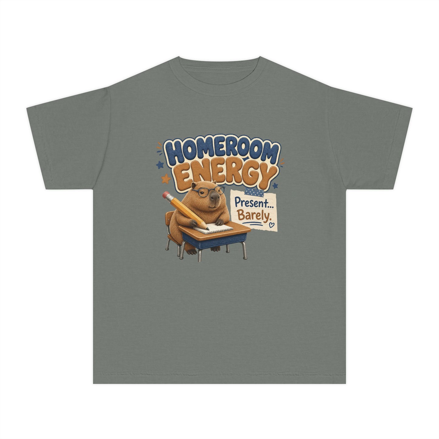 Homeroom Energy Sloth on Desk Youth Tee | Funny School Illustration