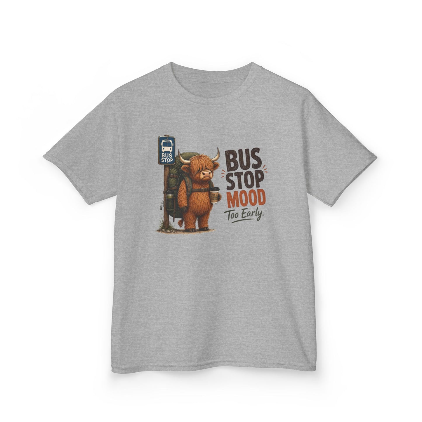 Bus Stop Mood Kids Tee | Grumpy Highland Cow Illustration, Funny Morning Shirt