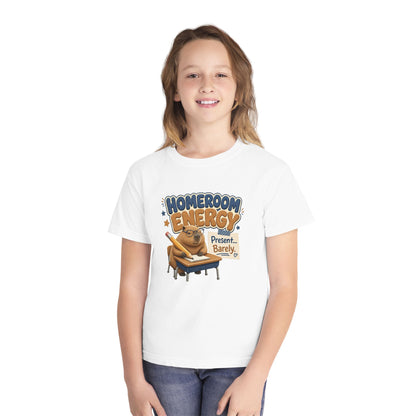 Homeroom Energy Sloth on Desk Youth Tee | Funny School Illustration
