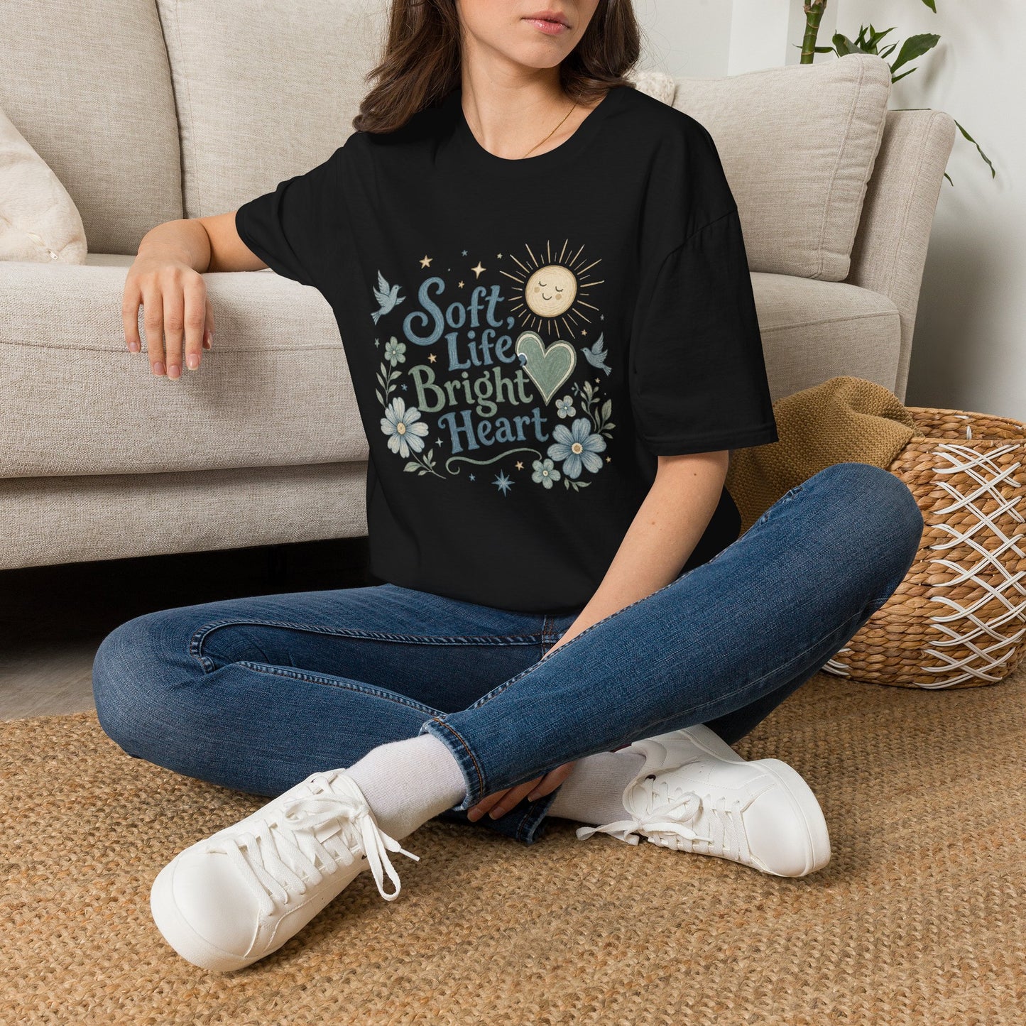 Soft Life Bright Heart T-Shirt | sun, doves, floral graphic