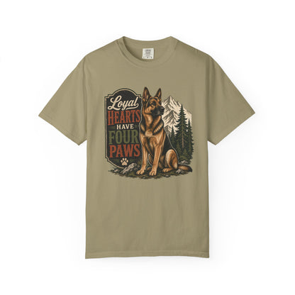 Loyal Hearts Have Four Paws German Shepherd T-shirt | Mountain Forest Dog Design
