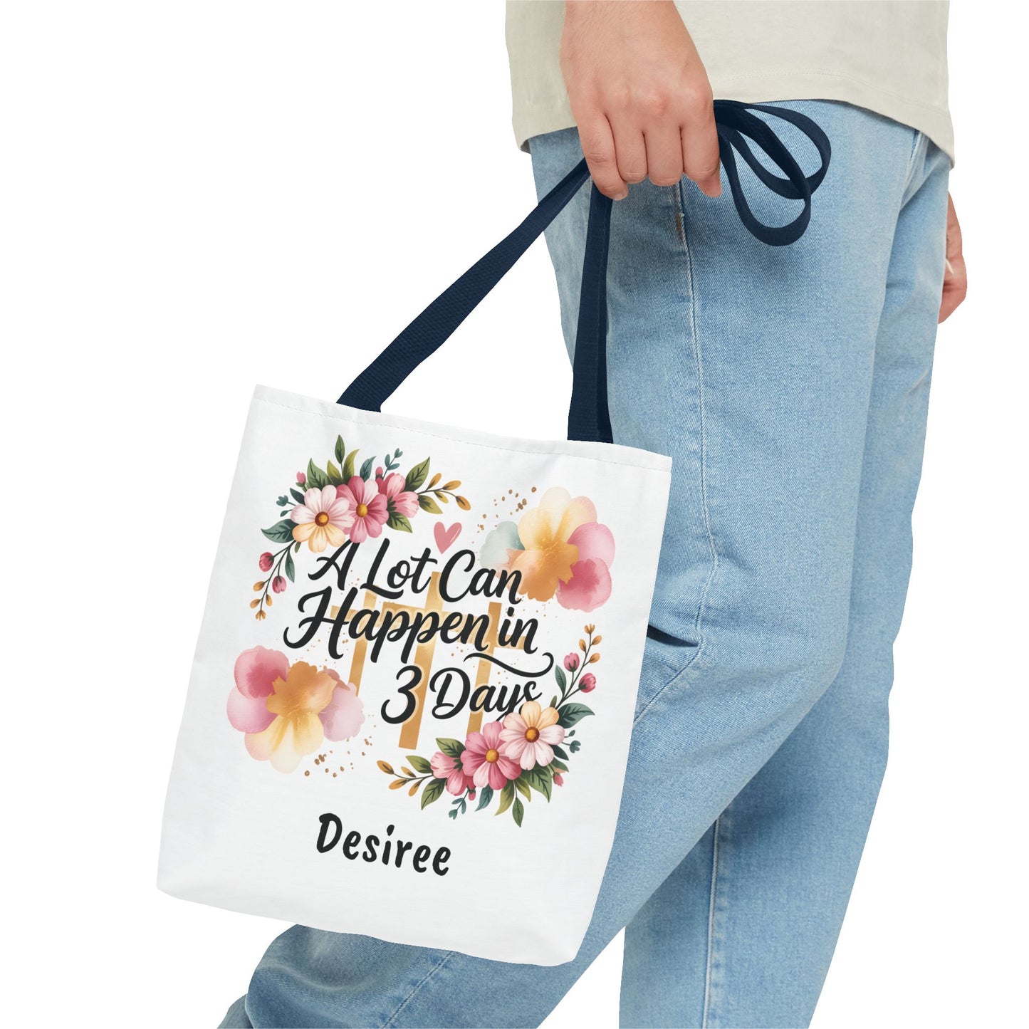 A Lot Can Happen in 3 Days Easter Faith Tote Bag | Floral Script Personalized Name