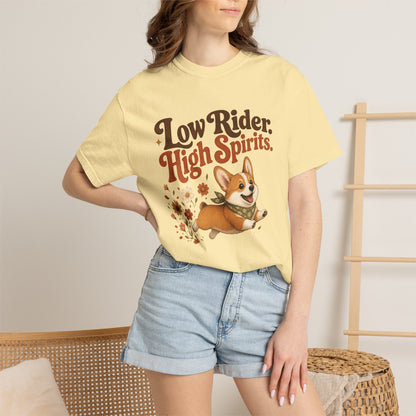 Low Rider High Spirits Corgi T-Shirt | Running Corgi Illustration, Autumn Leaves