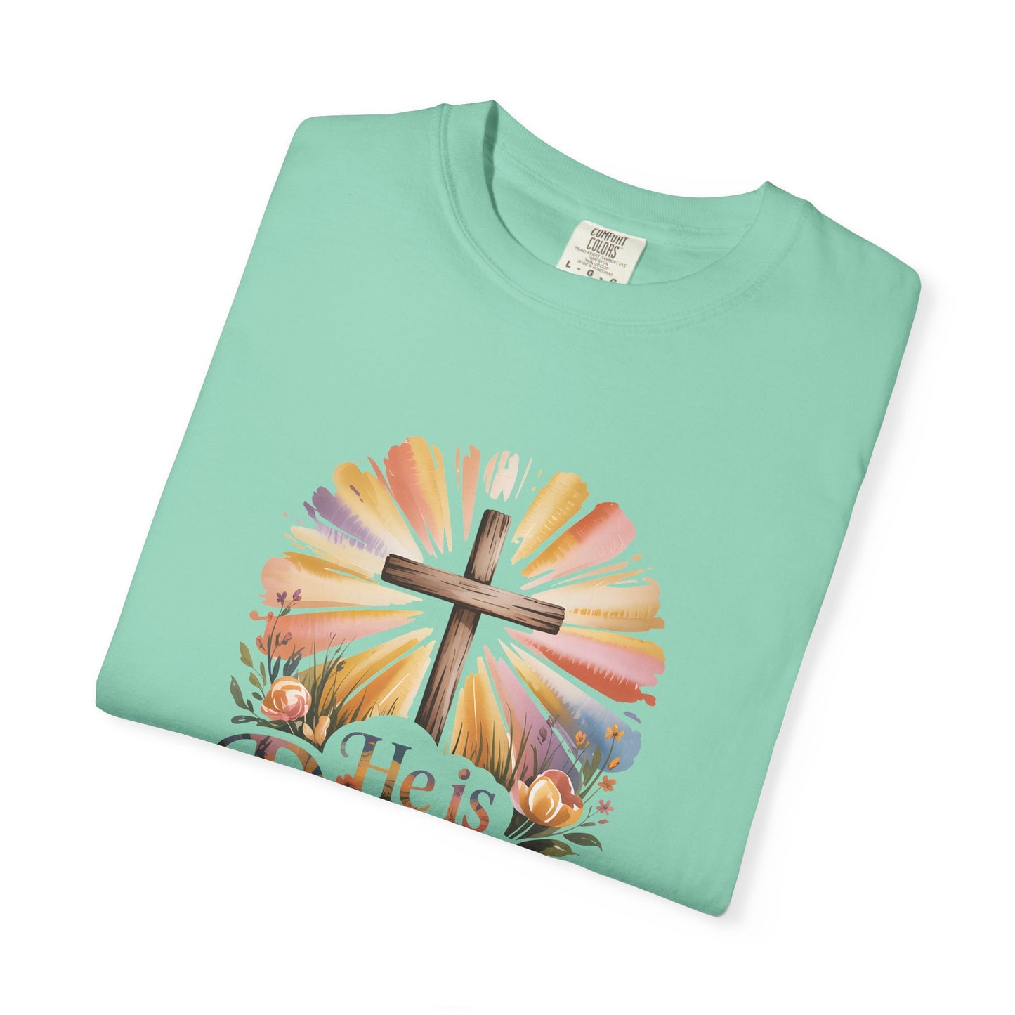 He Is Risen cross sunrise design T-Shirt | Easter faith floral