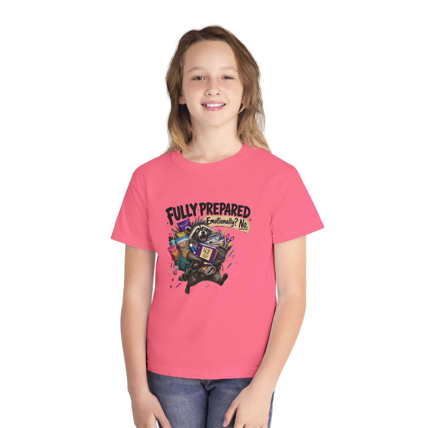 Fully Prepared Raccoon Supplies T-Shirt | Funny Back-to-School Kids Tee